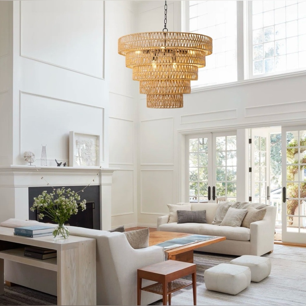 8-Light Dimmable Hand-Woven Rattan Tiered Chandelier - Picture 4 of 10